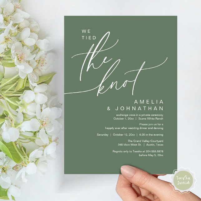Convite Nós amarramos o nó, Partido Janto Romântico de Cas (We tied the knot, Romantic Wedding Dinner Lunch Brunch Party Reception Invites Card PDF Sage Green)