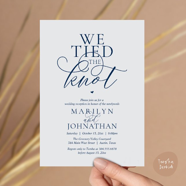 Convite Nós Amarrámos o Nó, Recepção de Casamento Moderna  (We Tied The Knot, Modern Classy Wedding Reception Dinner brunch Invitation Card in Navy Blue  Grey)