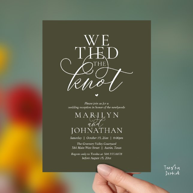Convite Nós Amarrámos o Nó, Recepção de Casamento Moderna  (We Tied The Knot, Modern Classy Wedding Reception Dinner brunch Invitation Card in Olive Green)