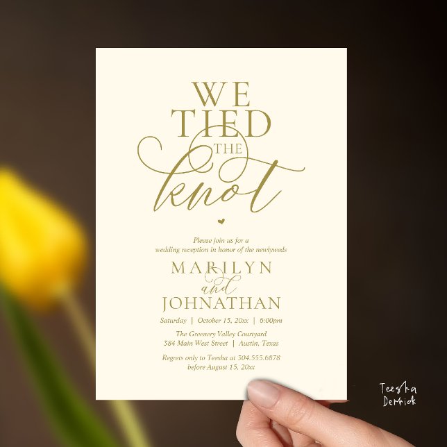 Convite Nós Amarrámos o Nó, Recepção de Casamento Moderna  (We Tied The Knot, Modern Classy Wedding Reception Dinner brunch Invitation Card in Yellow gold)