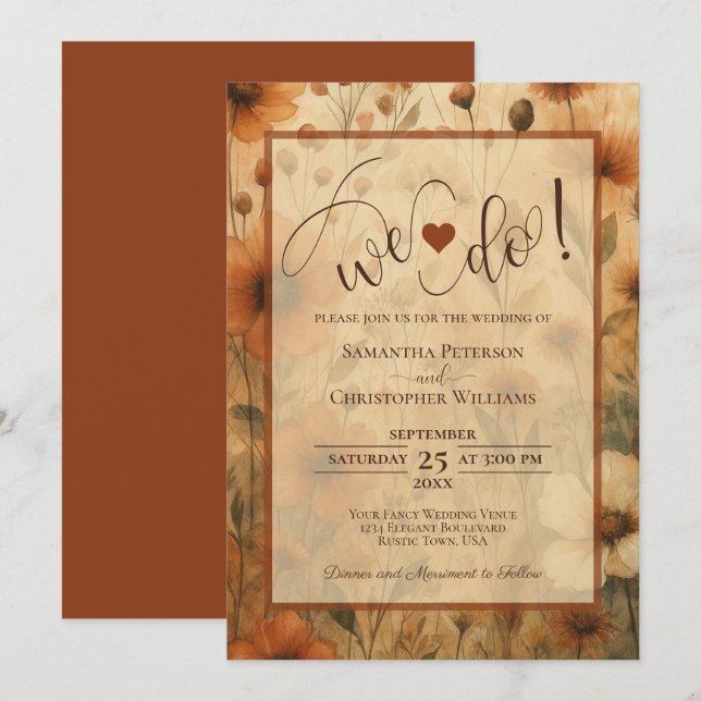 Convite Nós Casamos! Sienna Boho Chic Flores Silvestres Ca (Frente/Verso)