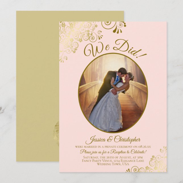 Convite Nós Conseguimos! Recepção de Casamento Rosa Bege e (Frente/Verso)
