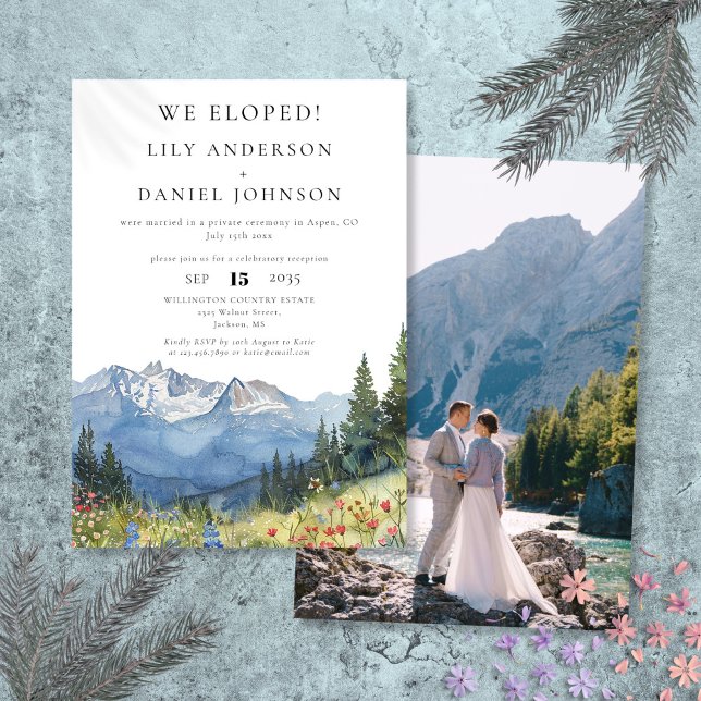 Convite Nós Elografamos A Aquarela Montanha Foto De Elopem (We Eloped Watercolor Mountain Elopement Photo Invitation)