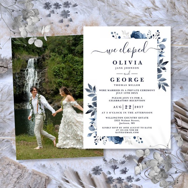 Convite Nós Elografamos Foto De Elopemento Floral Botânico (We Eloped Blue Botanical Floral Elopement Photo Invitation)