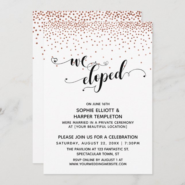 Convite Nós Elografamos Script de Cobre Confetti Somente R (Frente/Verso)