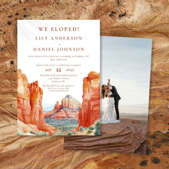 Convite Nós Elopamos A Foto Do Elopemento Do Deserto De Aq (We Eloped Watercolor Desert Rock Elopement Photo Invitation)