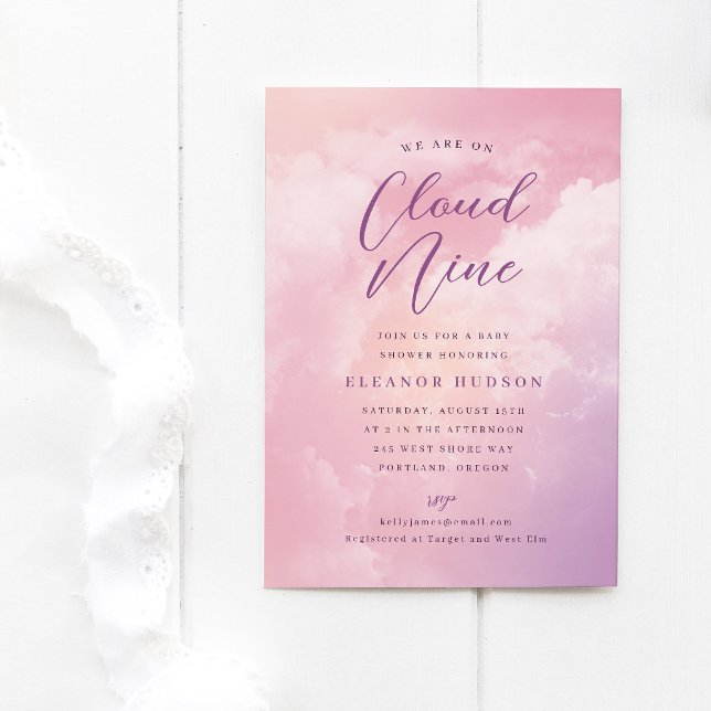 Convite Nós estamos no Nono Céu Chuveiro de Bebê Sonho Pas (cloud nine baby shower invitation template with dreamy pastel pink sky)