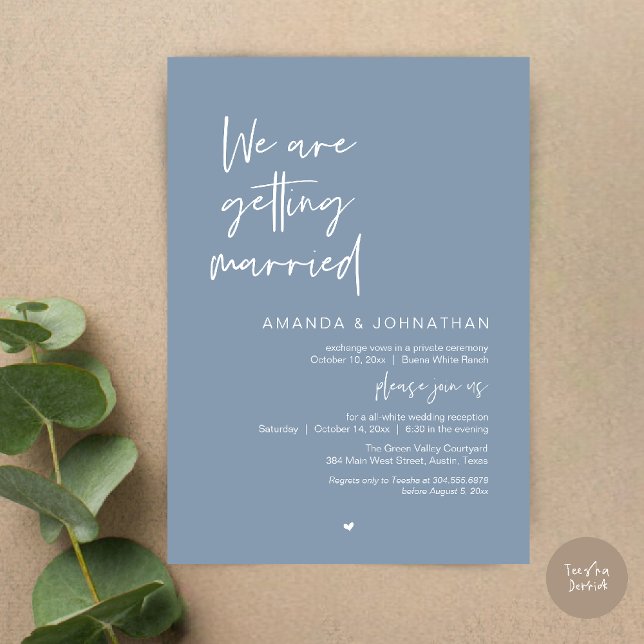Convite Nós estamos nos casando, Celebração de Casamento M (Modern Minimal Reception, We are getting married Invitation Card in Dusty Blue)
