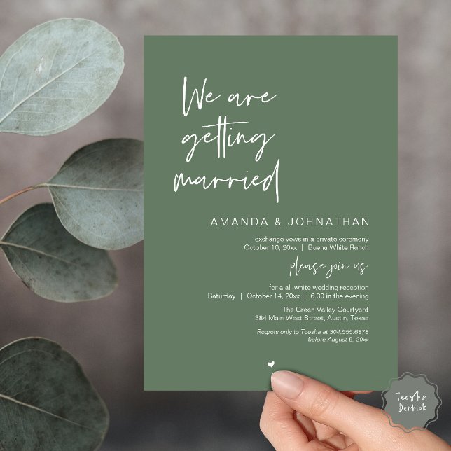 Convite Nós estamos nos casando, Celebração de Casamento M (Modern Minimal Reception, We are getting married Invitation Card in Sage Green)