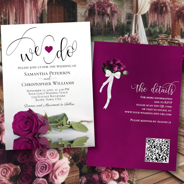 Convite Nós Fazemos! Casamento de Código QR de Rosa de ame (Front/Back)