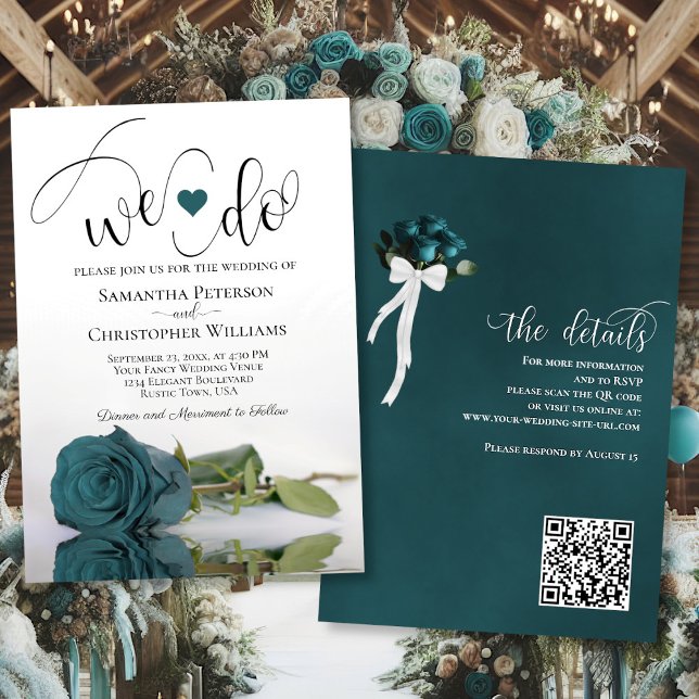 Convite Nós Fazemos! Casamento de Código QR de Turquesa Ro (Front/Back)