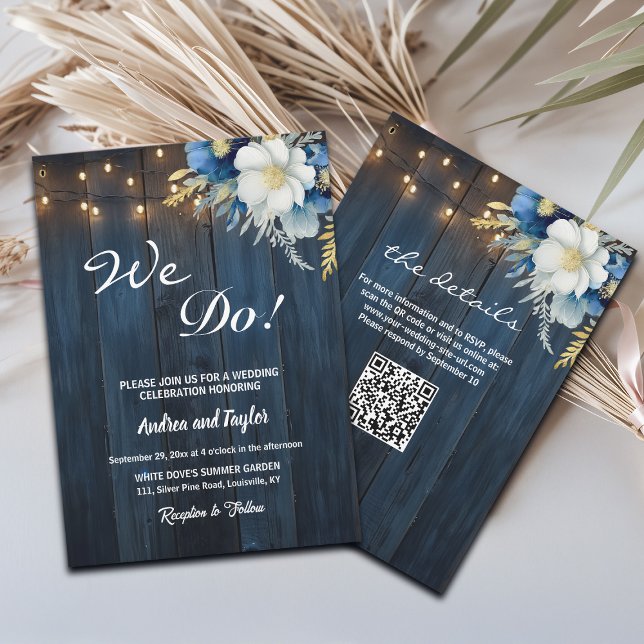 Convite Nós Fazemos! Casamento do Código QR Azul Floral Az (Criador carregado)