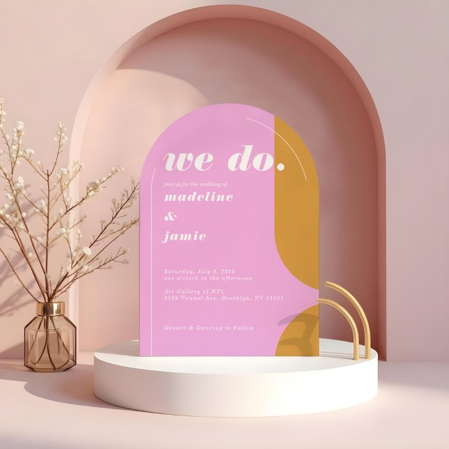 Convite Nós Fazemos Casamento Retro-Abstrato Pink (We Do Pink Retro Abstract Arch Wedding Invitation)