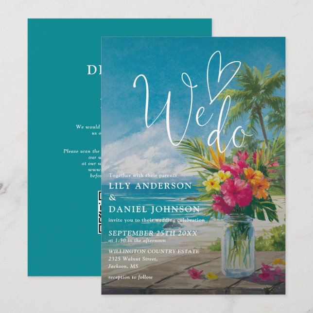 Convite Nós Fazemos Código QR Floral de Praia Tropical Mod (Frente/Verso)