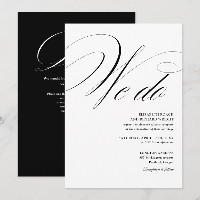 Convite Nós Fazemos QR Code Elegante Preto e Branco Casame (Frente/Verso)