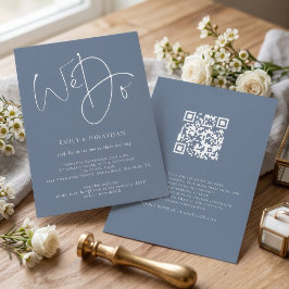 Convite Nós Fazemos Script Dusty Blue Branco QR Casamento