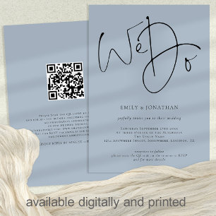 Convite Nós Fazemos Script Dusty Blue Código QR Casamento