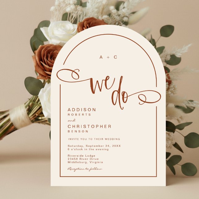Convite Nós Fazemos Terracotta Modern Script Casamento (Shown on a 5" x 7" invitation with Arch Corner Style)