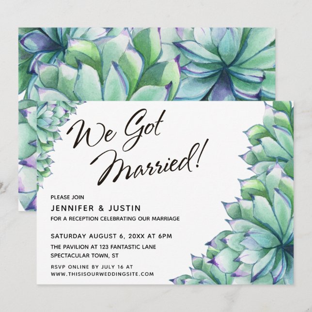 Convite Nós Ficamos Casados Roteiro com Suculentas Aquarel (Frente/Verso)