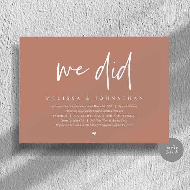 Convite Nós Fizemos, Festa de Casamento Intimo, Minimalist (We Did, Wedding Elopement Dinner Invitation Card, PDF, Modern Minimalist, in Earthy Terracotta Brown)