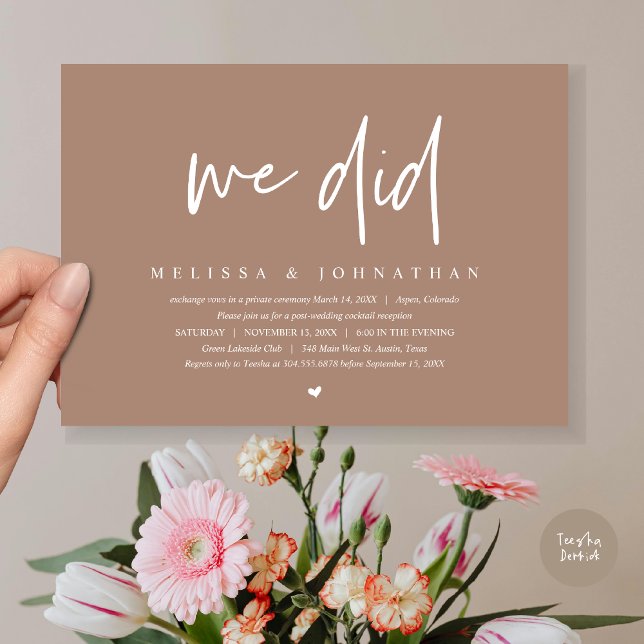 Convite Nós Fizemos, Festa de Elopamento de Casamento, Min (We Did, Wedding Elopement Dinner Invitation Card, PDF, Modern Minimalist, in Taupe Brown)