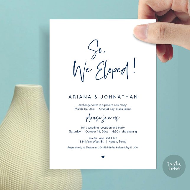 Convite Nós Fugimos, Azul Marinho, Casamento Fugitivo (So, We Eloped, Modern Wedding Elopement Dinner Invitation Card, PDF, in Navy Blue)