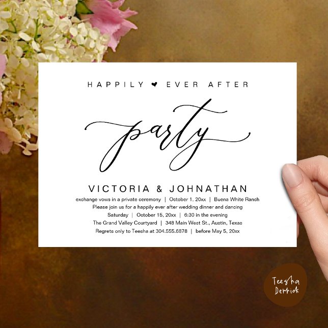 Convite Nós Ligamos O Nó, Festa De Janto De Elopemento De  (Happily Ever After Party Wedding Elopement Dinner Invitation Card PDF Classy Black White)