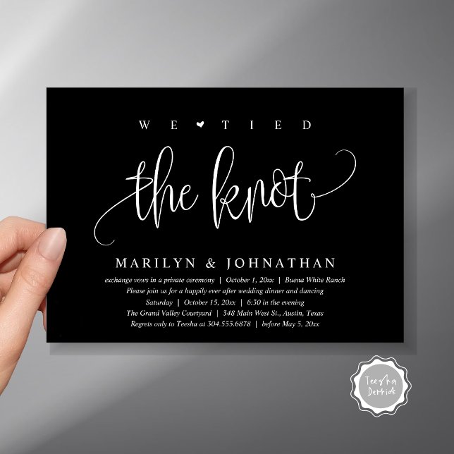 Convite Nós Ligamos O Nó, Festa De Janto De Elopemento De  (We Tied The Knot, Modern Wedding Elopement Dinner Party Invitation Card PDF Classy Black White)