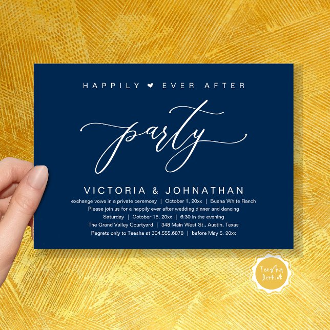 Convite Nós Ligamos O Nó, Festa De Janto De Elopemento De  (Happily Ever After Party Wedding Elopement Dinner Invitation Card PDF Classy Navy Blue)