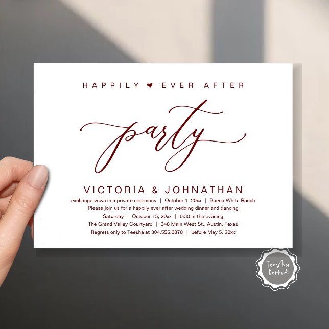 Convite Nós Ligamos O Nó, Festa De Janto De Elopemento De  (Happily Ever After Party Wedding Elopement Dinner Invitation Card PDF Romantic Burgundy Wine Red)