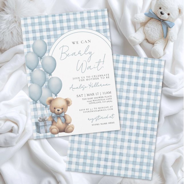 Convite Nós Mal Podemos Esperar Boy Blue Bear Chás de Bebê (We Can Bearly Wait Boy Blue Bear Baby Shower Invitation)