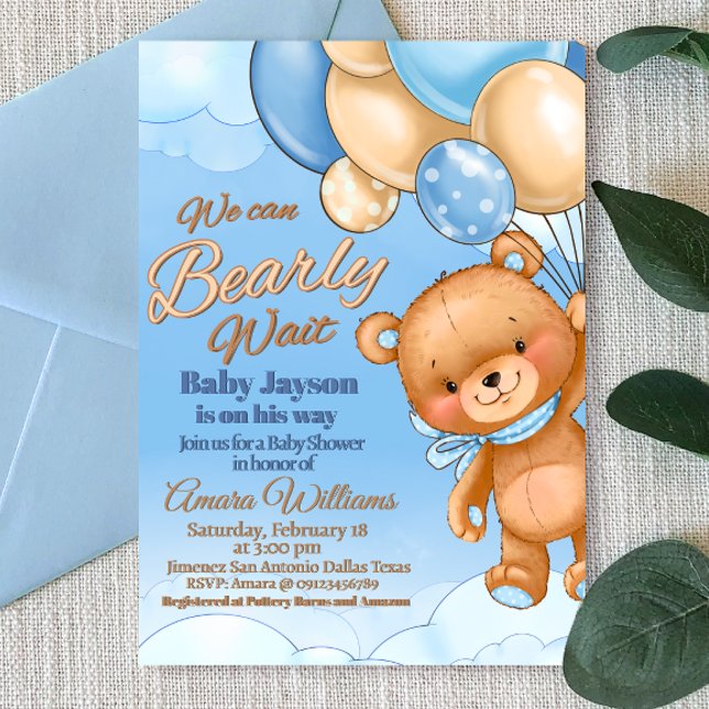 Convite Nós Mal Podemos Esperar - Chá de Bebê Masculino (We Can Bearly Wait - Boy Baby Shower Invitation)