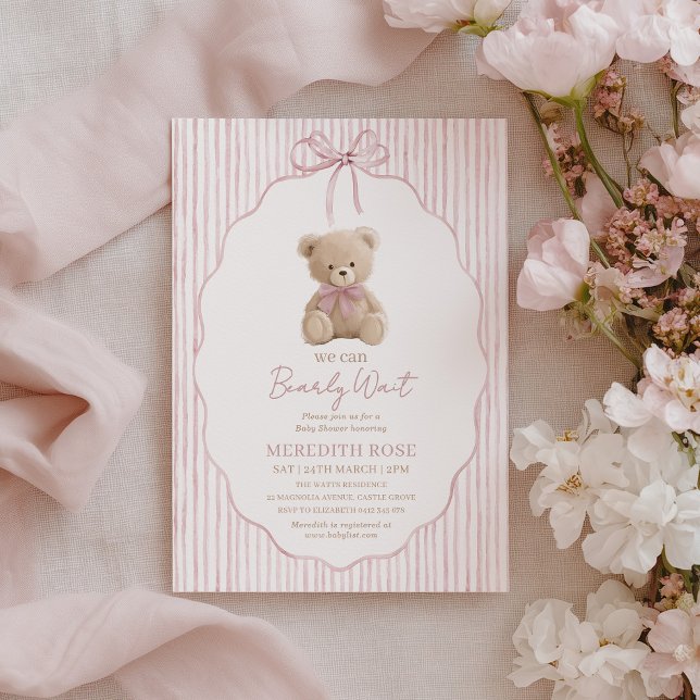 Convite Nós Mal Podemos Esperar Chuvinha de Bebê Menina Li (We can bearly wait! Pink Baby Shower invitation with cute teddy bear)