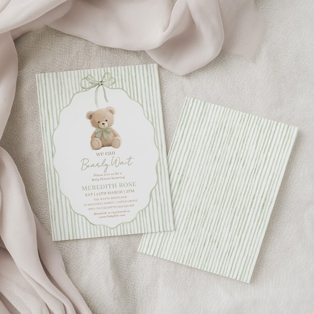 Convite Nós Mal Podemos Esperar Chuvinha de Bebê Menino Li (We can bearly wait! Green teddy bear baby shower invitation)