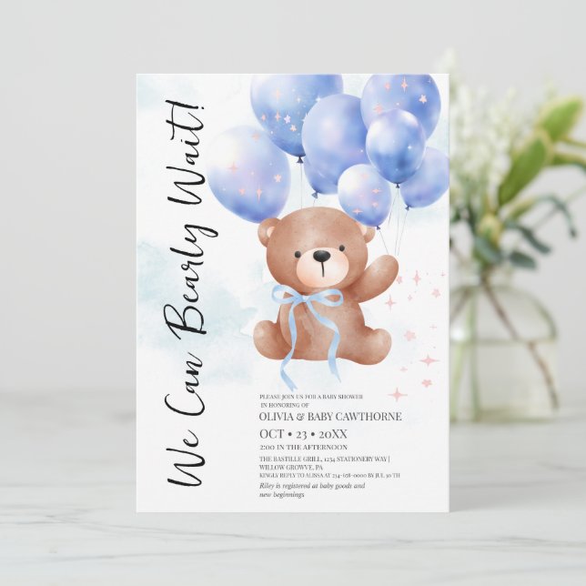 Convite Nós Mal Podemos Esperar Menino Urso de Pelúcia Chá (Em pé/Frente)