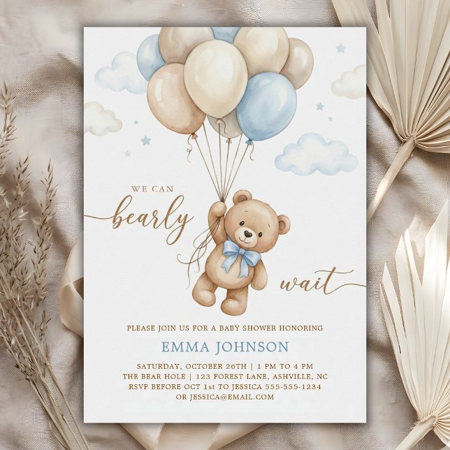 Convite Nós Mal Podemos Esperar Urso de Pelúcia Balão Chur (We Can Bearly Wait Teddy Bear Balloon Baby Shower Invitation)