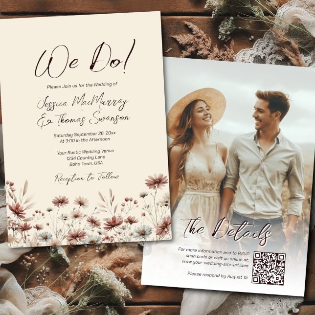 Convite Nós Nos Casamos! Casamento Rústico Boho com Foto e (Front/Back)