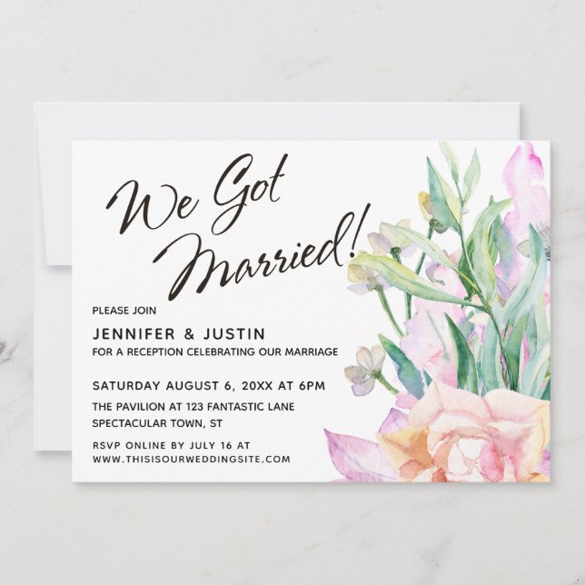 Convite Nós Nos Casamos Com Buquê Floral De Aquarela Artís (Frente)