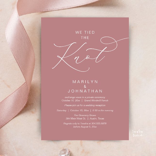 Convite Nós nos casamos, Jantar de Recepção de Fuga (We tied the knot, Romantic Wedding Elopement Reception Dinner Invitation Card in Dusty Rose Pink)