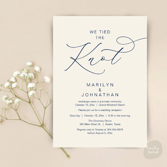 Convite Nós nos casamos, Jantar de Recepção de Fuga (We tied the knot, Romantic Wedding Elopement Reception Dinner Invitation Card in Navy Blue Ivory)