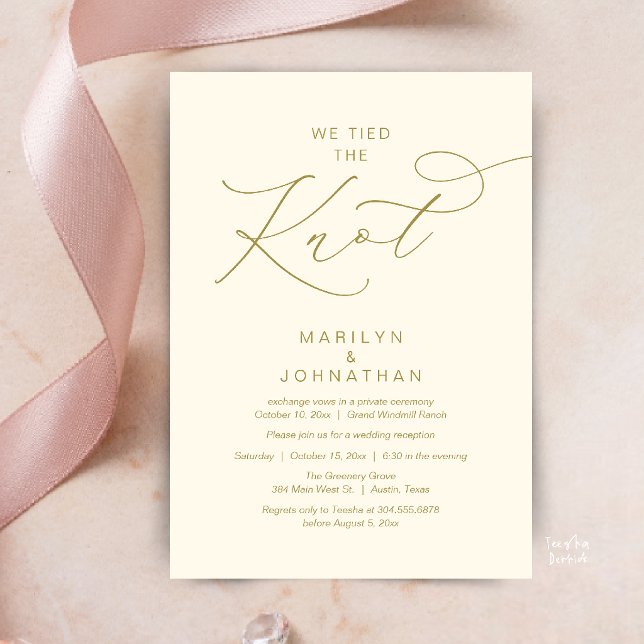 Convite Nós nos casamos, Jantar de Recepção de Fuga (We tied the knot, Romantic Wedding Elopement Reception Dinner Invitation Card in Yellow Cream Gold)