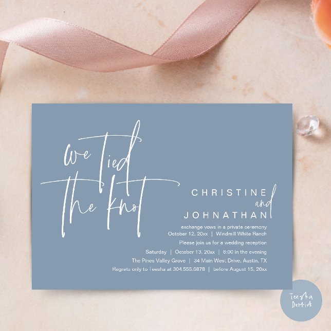 Convite Nós nos casamos, Recepção de casamento moderno (We tied the knot, Modern wedding reception dinner party Invitation card in dusty blue)