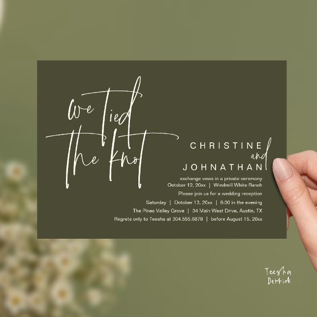 Convite Nós nos casamos, Recepção de casamento moderno (We tied the knot, Modern wedding reception dinner party Invitation card in olive green)
