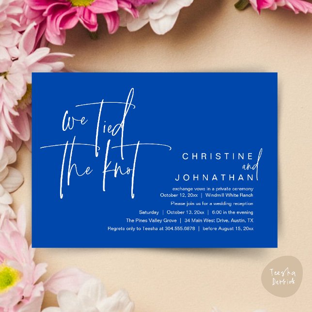 Convite Nós nos casamos, Recepção de casamento moderno (We tied the knot, Modern wedding reception dinner party Invitation card in cobalt blue)