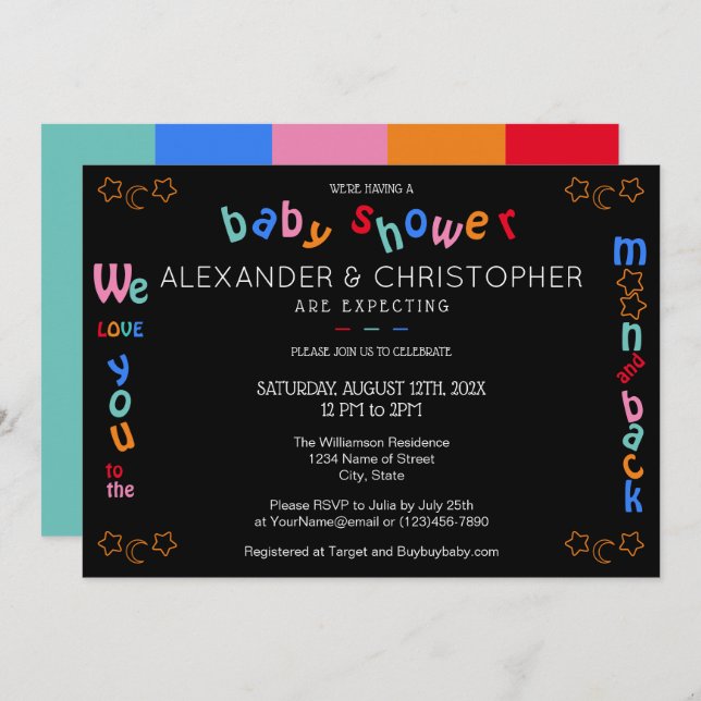 Convite Nós o amamos ao Chá de fraldas LGBTQ+ da Lua (Frente/Verso)