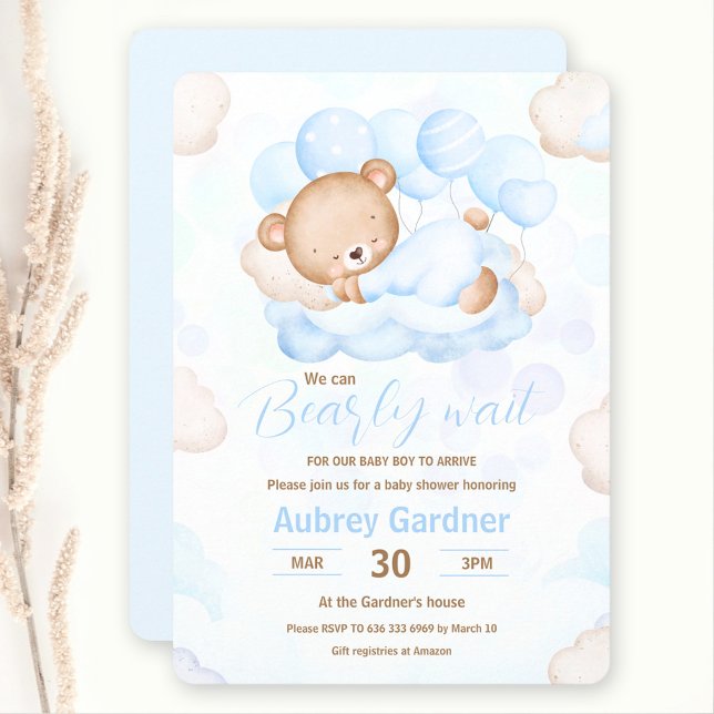 Convite Nós Podemos Esperar Chá de fraldas De Urso Azul (We Can Bearly Wait Boy Blue Bear Baby Shower Invitation)