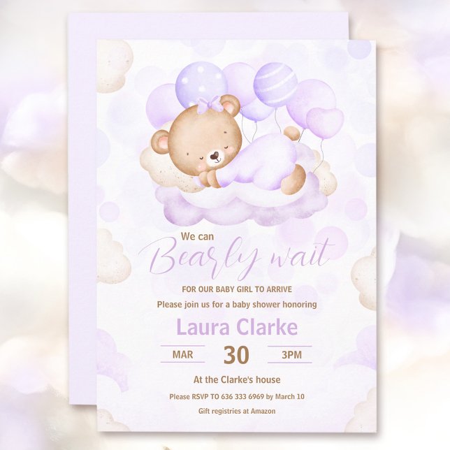 Convite Nós Podemos Esperar Lavanda Garota Ursa Chá de fra (We Can Bearly Wait Lavender Girl Bear Baby Shower Invitation)