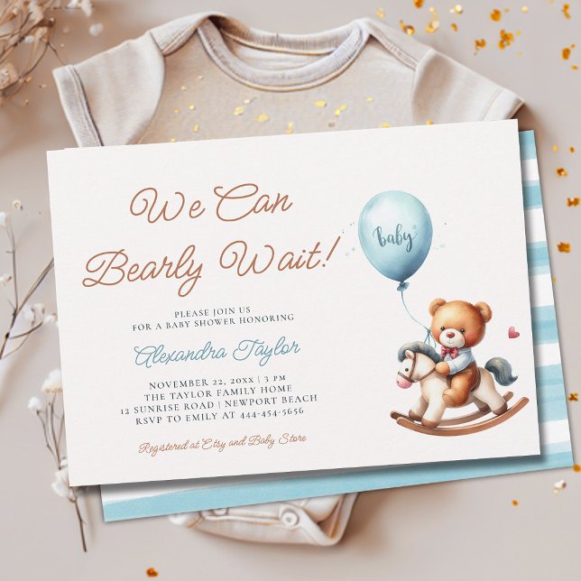 Convite Nós Podemos Esperar O Chá Do Bebê Cavalo Enroscado (we can bearly wait baby boy shower invitation teddy bear cute stuffed toy rocking chair nursery chic)