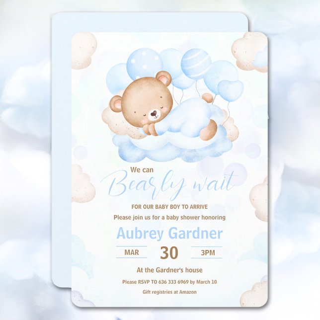 Convite Nós Podemos Esperar Um Chá de fraldas De Urso Azul (We Can Bearly Wait Boy Blue Cute Bear Baby Shower Invitation)