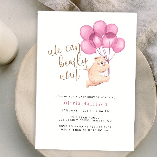Convite Nós Podemos Esperar Urso Rosa Chá de fraldas De Ba (We Can Bearly Wait Bear Pink Balloon Baby Shower Invitation)